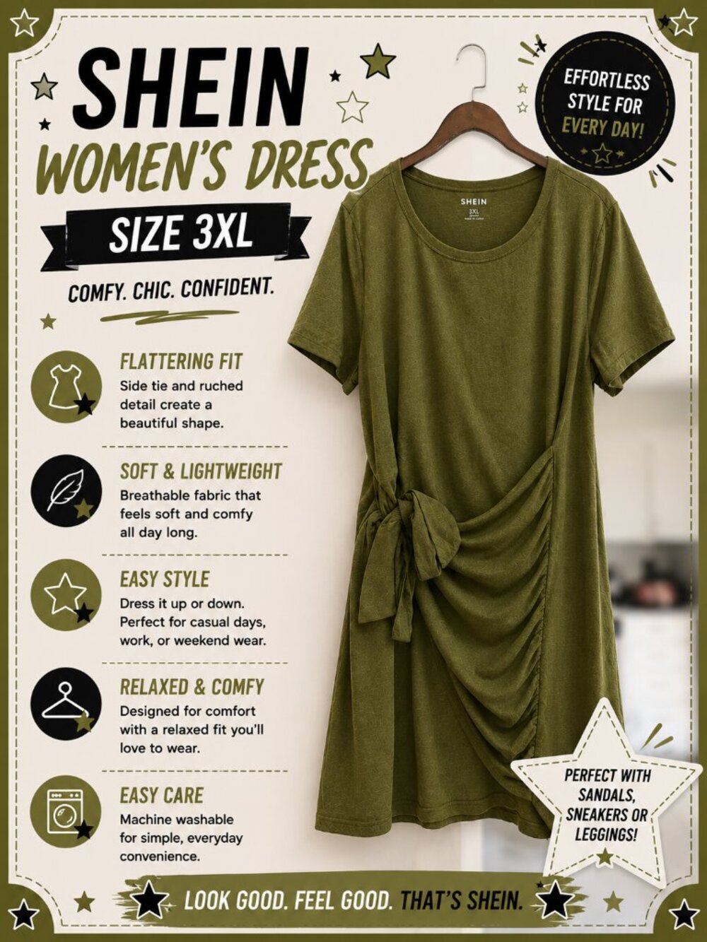 SHEIN Olive Green Ruched Dress Women’s 3XL
